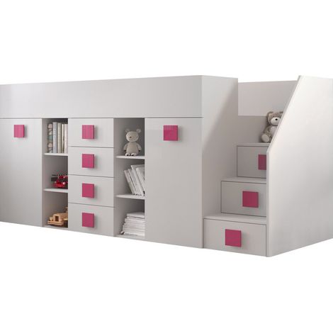 Litera Hartford 366, Blanco + Blanco brillante + Rosa, Individuales, 90x200, Aglomerado laminado, Somieres, 94x249x124cm (1/4)