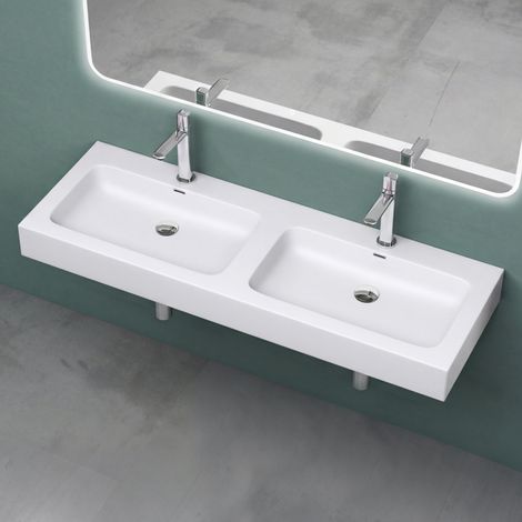 Mai & Mai Double Lavabo Suspendu Blanc Mat 141cm Vasque à Poser Pour 2 Évier Lave Mains Salle de Bain avec Trop-Plein Col830 (1/5)