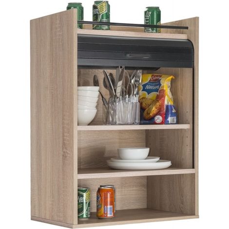 Beaux Meubles Pas Chers – Meuble de cuisine imitation chêne avec rideau noir ou blanc – 4 niches ouvertes – Dimensions 54 x 76.6 x 35.4 cm – Fixation murale incluse