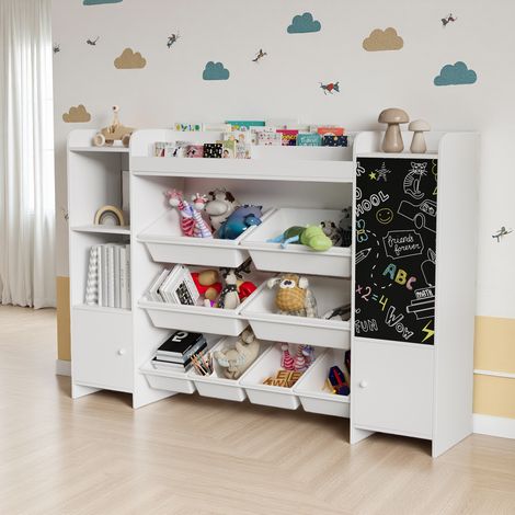 Bibliothèque enfant avec 8 boîtes amovibles - compartiments ouverts – MDF blanc – Dimensions L137 x P30 x H94,5 cm - pour chambre d'enfants (1/5)