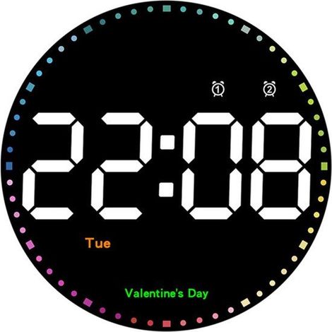 Horloge murale ronde, affichage numérique 10 pouces, grand écran avec trotteuse arc-en-ciel, indique la date, le jour de la semaine, la température et (1/5)
