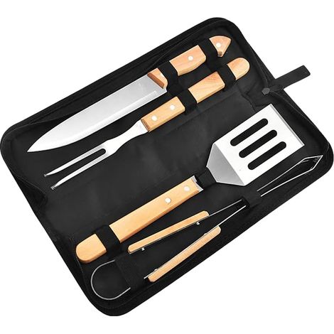 Ustensiles Barbecue,4 pcs Ensemble doutils de Barbecue en Acier Inoxydable Accessoires Barbecue,Kit doutils de Barbecue avec poignée en Bois et étui de Transport,Cadeau pour Homme GROOFOO (1/5)