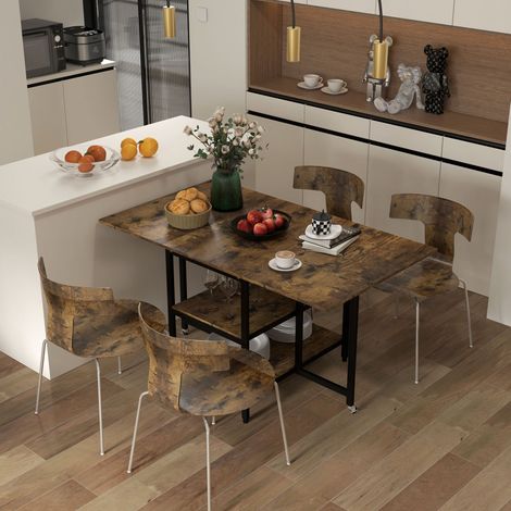Table à manger pliante 140 x 80 cm, 2 à 6 personnes, 2 étagères, roulettes, marron HAVRYA (1/5)