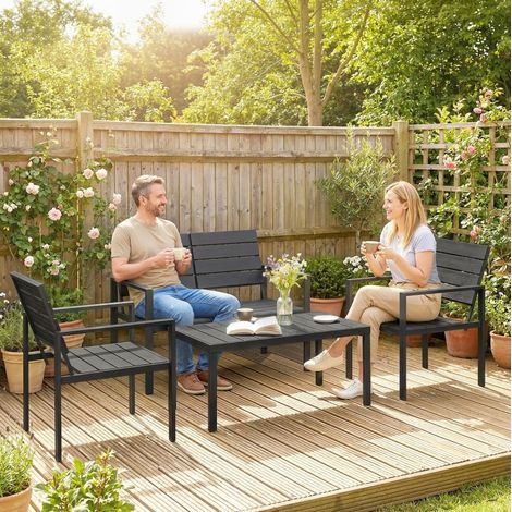 Salon de jardin 4 personnes avec canapé 2 places, 2 fauteuils et table basse, noir DESVIAE (1/5)
