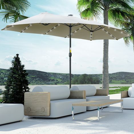 Parasol jardin double 4,5m 48 lumières LED manivelle, gris clair
