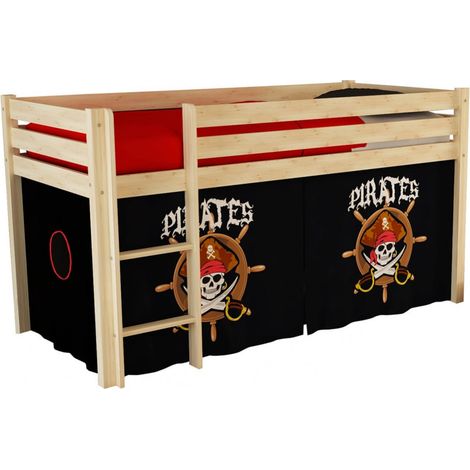 SLEEPY - Lit Mi-Haut en Pin Naturel 90x200cm Housse Pirates