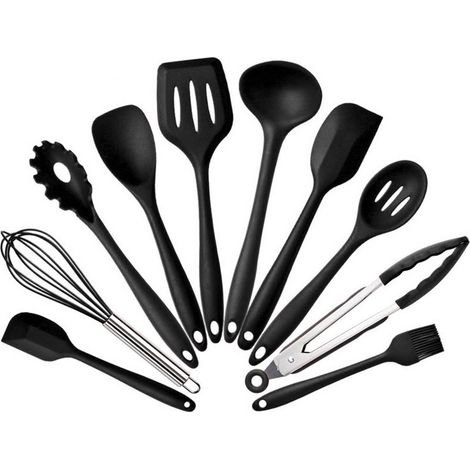 Ensemble de 10 pièces d'ustensiles de cuisine en silicone antiadhésif, présentés dans une boîte colorée. (1/5)