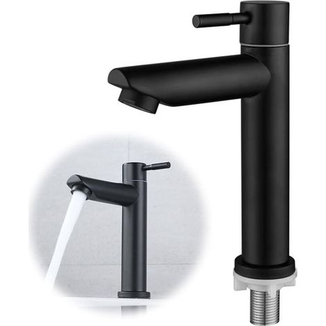 Kaltwasserhahn zum Händewaschen, schwarzer Badezimmerhahn, Spülbeckenhahn aus Edelstahl, runder Wasserhahn, abnehmbarer Luftsprudler. (1/4)