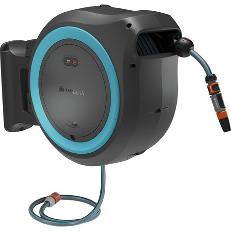 GARDENA Portamangueras PowerRoll XXL a batería 18V POWER FOR ALL, 40 m de manguera, línea azul, anti heladas y rayos UV, recogida de manguera automático, batería y cargador no incluidos (18645-55)