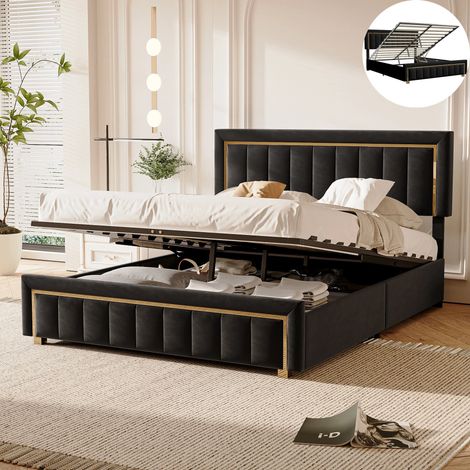 Lit Coffre 160 x 200 CM avec Sommier,Lit Double,Lit Hydraulique 160 x 200 avec Rangement sous le lit,bordure dorée or,Velours,Noir