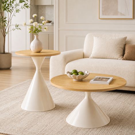 Lot de 2 tables basses rondes Ø70xH40 cm et Ø50xH50 cm, plateaux effet bois et pieds en acier crème, pour salon et chambre, coloris crème et bois (1/5)