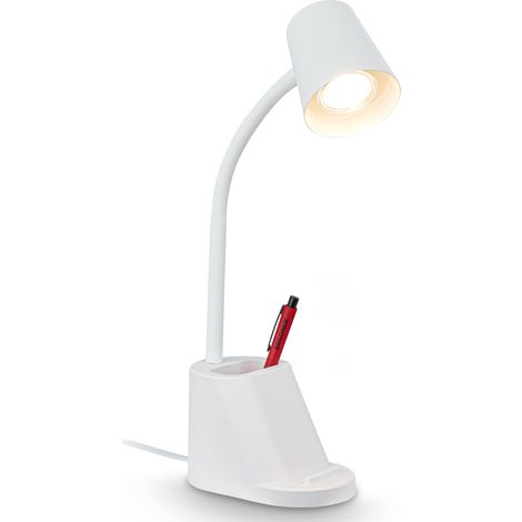 Lampe de bureau avec porte-stylo, interrupteur à câble, orientable, lampe de chevet, lampe de table, bureau à domicile, 21 x 10 x 35,5 cm (L x l x H), blanche (1/5)