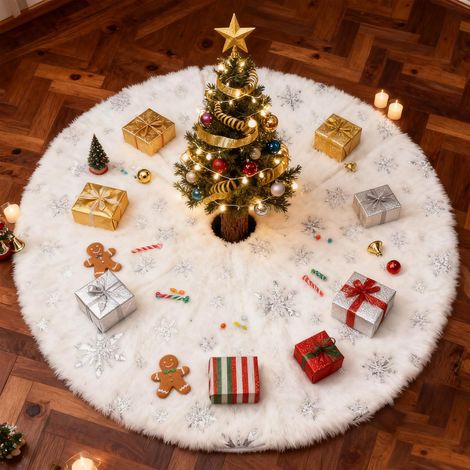 Jupe De Sapin De Noel 122 Cm Blanche Avec Motifs Flocons De Neige Tapis De Base Rond Pour Decoration Arbre De Noel Traditionnelle (1/4)