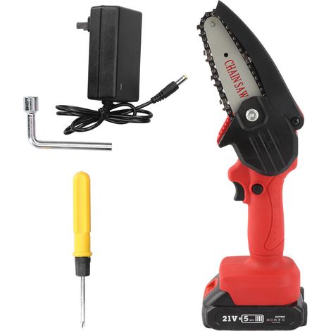 Mini motosierra eléctrica roja, portátil, recargable, de alta potencia, herramienta para talar árboles en exteriores. (1/5)