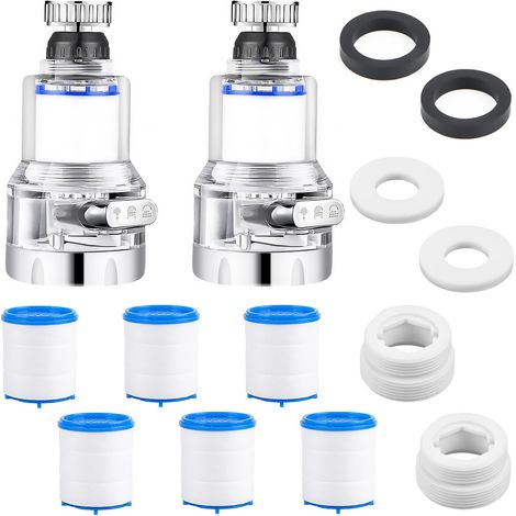 2Pcs Reusable Water Filter Tap with 6 PP Cotton Filter, 360° Rotating Anti-Limescale Tap Filter with 3 Adjustable Water Distribution Modes for Kitchen and Bathroom (1/5)