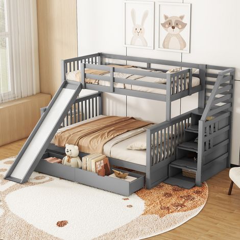 Lit superposé en bois massif - 90x200cm + 140x200cm - avec escalier de rangement et toboggan - Gris (1/5)