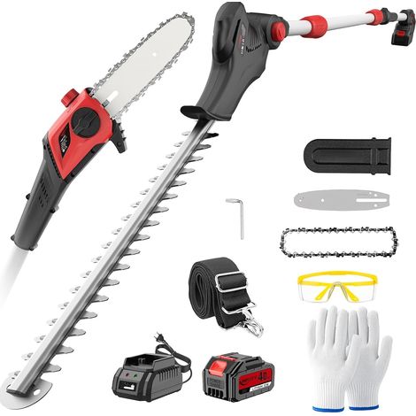 2-en-1 Élagueuse sur Perche et Taille-haie Électrique sans Fil, Double Lame de 42cm, Tronçonneuse de 20cm, Batterie 4,0Ah, Portée Max de 2,8m pour Jardin, Arbres et Arbustes (1/5)