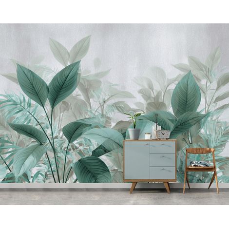 Fototapete Blätter Grün Beton Grau 3D-Optik, für Wohnzimmer und Schlafzimmer, 150 x 105 cm – Komplettset inkl. Kleister & Anleitung (1/5)