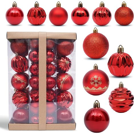 Hanari Lot de 62 Boules de Noël en Plastique Brillant Rouge, pour intérieur et extérieur, décoration de Noël, Mariage, fête, Anniversaire, Diamètres 5 cm et 7 cm (Rouge, 24cmx15cmx35cm) (1/5)