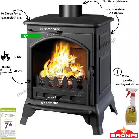 Bronpi – Poêle à bois en fonte 9 kW – Rendement 78 % – Bûches jusqu’à 40 cm – Système vitre propre – Technologie double combustion