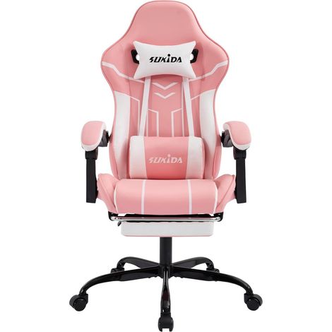 Silla gaming ergonómica, de oficina de piel sintética con soporte lumbar y reposapiés, ideal para oficina y gaming (rosa y blanco). (1/5)