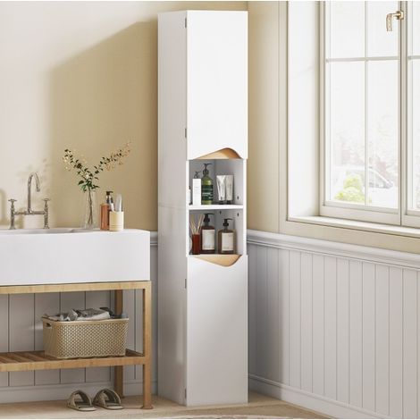 Colonna bagno 30x34.6x180.5 cm bianco e legno in legno con ripiani regolabili e vani aperti (1/4)