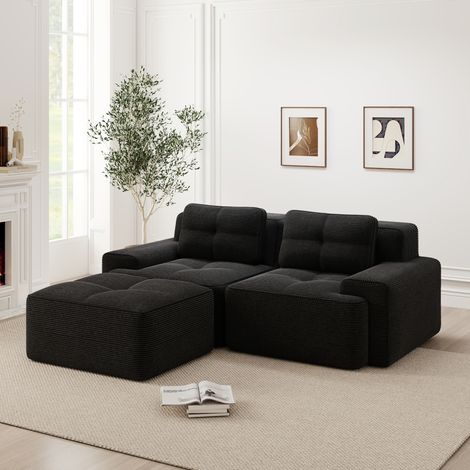 Sofá modular de esquina en L de 2 plazas en pana negra, asiento profundo, con ottoman OKWISH (1/5)