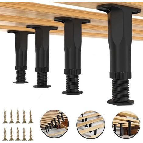 Lot de 4 pieds de meuble réglables - Pied de meuble - Pied de nivellement - Barre de support de lit - Pieds de nivellement - Pied de meuble - Plage de réglage : 16-28 cm - Noir (1/5)