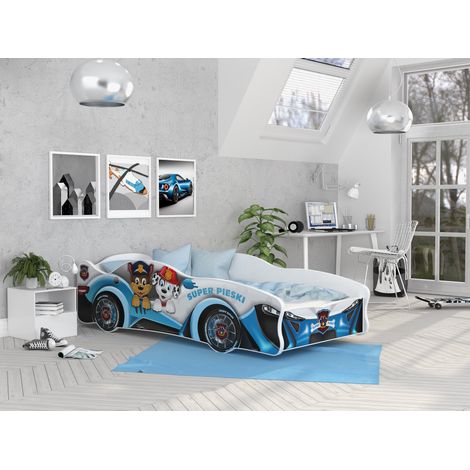 Lit enfant voiture 80x160 cm – Panneaux MDF stratifiés – Barrières de sécurité – Inclus sommier et matelas mousse 7cm – Kids Literie