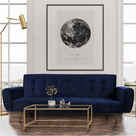 Le Quai Des Affaires – Canapé convertible 3 places – Velours bleu – Dimensions 210x79x80 cm – Couchage 188x104 cm – 2 poches de rangement