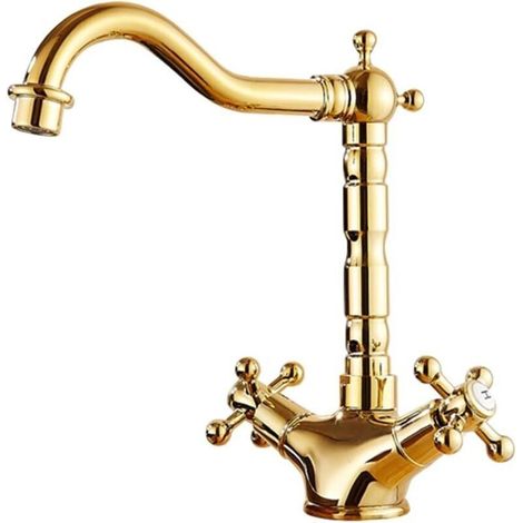 Solid brass kitchen faucet, deck mounted, double cross handle, brushed gold, short height – 1 piece