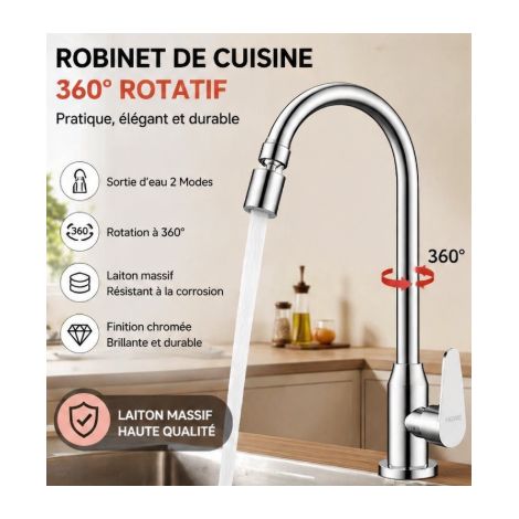 Robinet de cuisine, évier eau chaude/eau froide, bac à légumes, bac à vaisselle, robinet en laiton à refroidissement unique, universel, rotatif, sous pression et anti-éclaboussures (1/5)