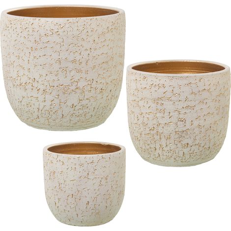 Set von 3 weißen/goldenen Keramikpflanzern riss ° 30x28cm+° 25x23cm+° 20x18cmpour alle Stile, um dem Haus eine Berührung zu verleihen (1/4)