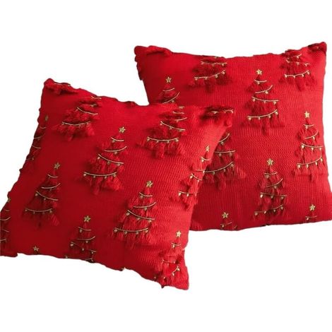 Housses de coussin motif sapin de Noël, lot de 2, 45 × 45 cm, design 3D sapin de Noël en fausse fourrure, adaptées pour canapé et salon (rouge, 2 pièces)