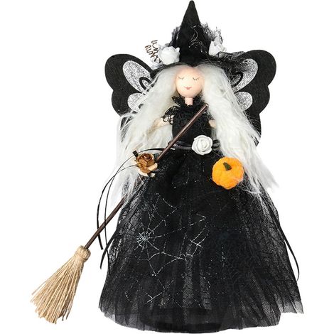 Witch Doll - Halloween Tree Topper - Desktop Ornament - Hanging Decoration - Black - 1 Piece (1/5)