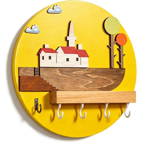 Porte-clés mural (avec étagère et 5 crochets), porte-clés mural en bois, supporte une installation adhésive ou par vis. (1/5)