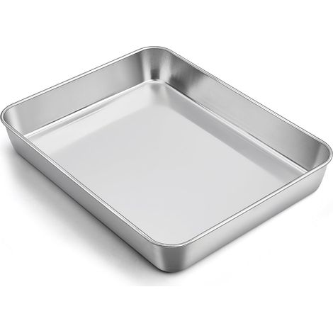 Plaque de cuisson, rectangulaire, en acier inoxydable, 31,6 x 24,7 x 4,8 cm, profonde, pour gâteaux, lasagnes, brownie, sain, facile à nettoyer et passe au lave-vaisselle (1/5)