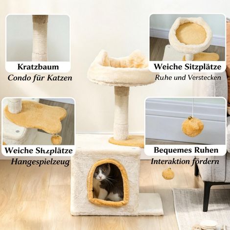 Arbre à chat de 72 cm de haut avec perchoir moelleux, plateforme en forme de poisson, niche en peluche, griffoir en sisal et balle de jeu (1/5)