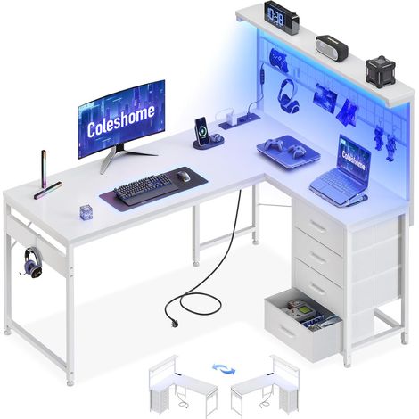 Bureau Gaming LED, 130x100cm, Blanc Table gamer avec rangement et éclairage LED, parfaite pour organiser votre setup gaming et équipements informatiques. (1/5)