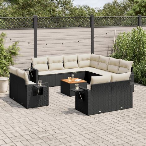 Salon de jardin 12 places en résine tressée noire avec coussins crème et table d'appoint (1/3)