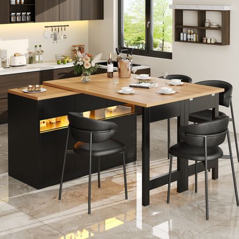 Table bar extensible avec LED et rotation 360°, 120-180 x 40 x 71,5 cm, MDF noir et bois (1/5)