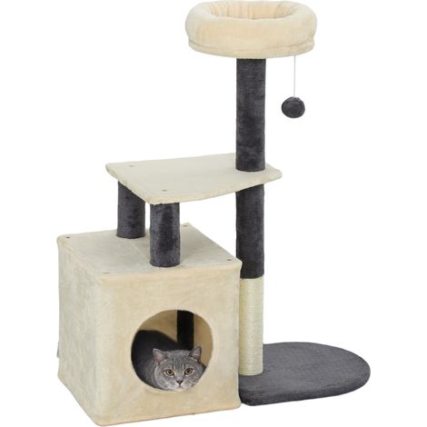 Kratzbaum für Katzen, 92 cm hoch, mit Katzenhaus, oberem Bett, Sisalstämmen und Ball, für ausgewachsene Katzen und Kätzchen, cremeweiß
