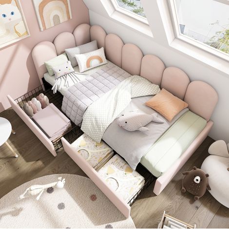Tagesbett Samt Rosa 90x190 cm mit 2 Schubladen und Lattenrost (1/5)