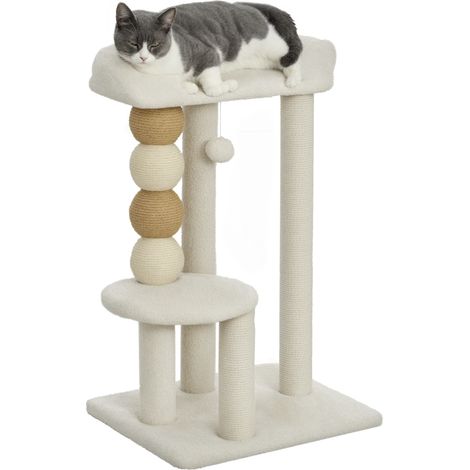 Arbre à chat beige 76 cm en sherpa avec plateformes, balle suspendue et poteau en jute, accessoire design sobre pour intérieur pratique et doux