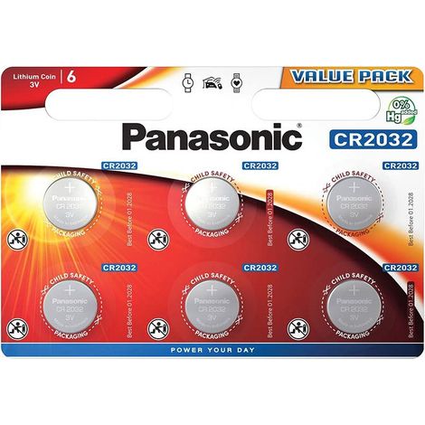 Panasonic CR2032 Lot de 6 Piles Bouton au Lithium 3 V 225 mAh