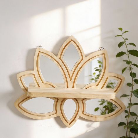 Étagère murale à motif lotus miroir – une étagère flottante décorative en bois naturel, idéale pour exposer des plantes en pot. (1/5)