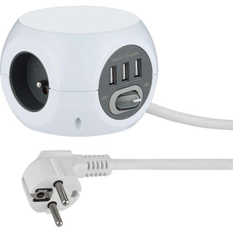 Mini Cube avec 3 Ports USB 2.4A, Bloc 3 Prises avec Interrupteur, Rallonge Multiprise 3M, Blanc (1/5)