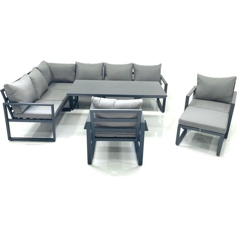 Fimous Aluminum Outdoor Garden Furniture Set Corner Sofa Big Footstool 2 Chairs Adjustable Rising Lifting Dining Table Sets Dark Grey (1/5)