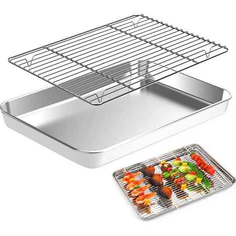 Plaque de Cuisson en Acier Inoxydable avec Grille de Refroidissement 23.5x17.5x2.5 cm Plat Four Inox avec Grille, Plaques et Grilles pour Cuisson au Four pour Cuire, Refroidir (1/5)