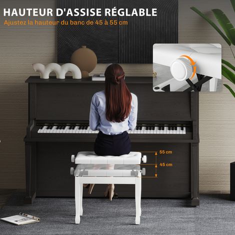 Banc piano réglable bois massif rembourré 64x35x45-55 cm blanc (1/5)